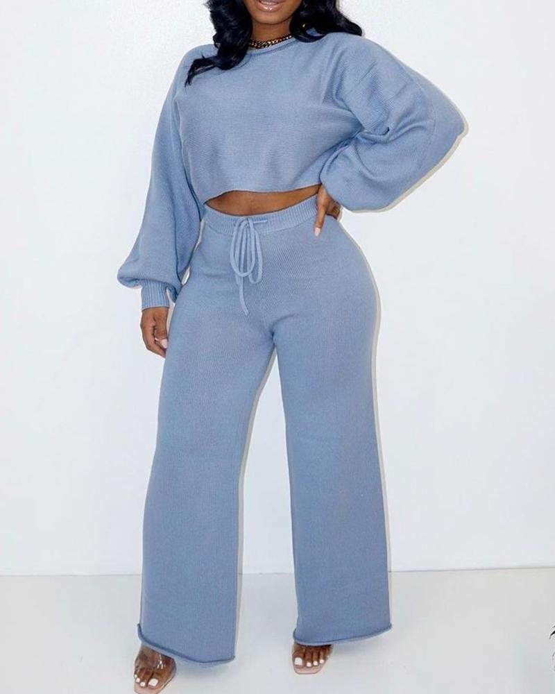 

Lantern Sleeve Crop Top & Drawstring Pants Set, Light blue