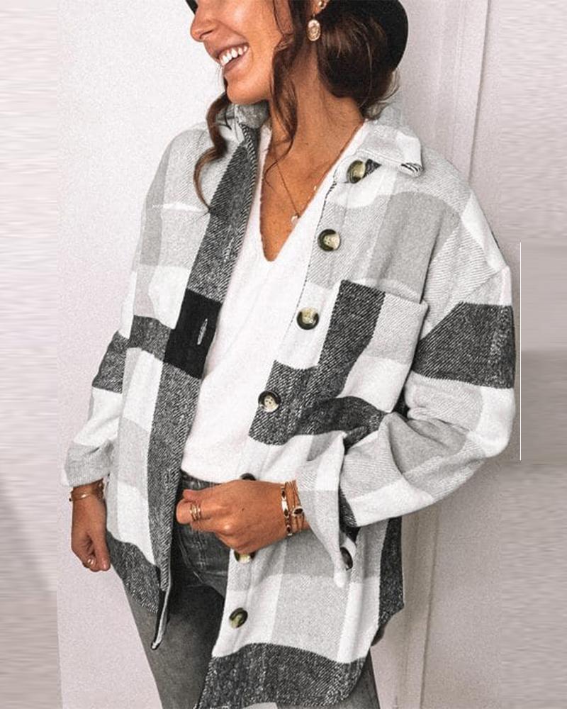 

Plaid Print Long Sleeve Button Down Shacket, Gray
