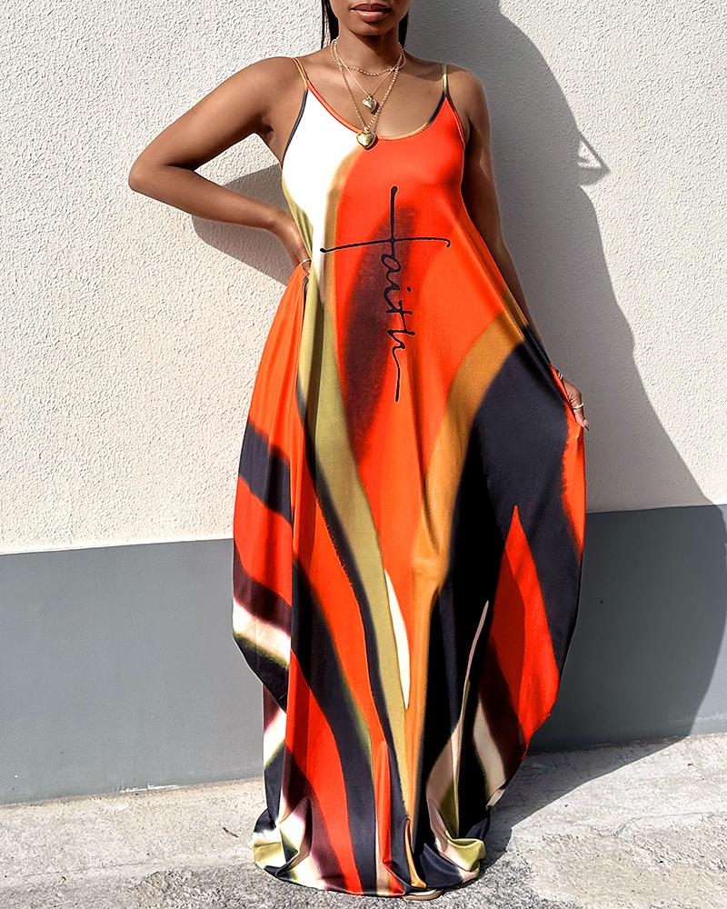 

Letter Tie Dye Print Sleeveless Ruched Maxi Dress, Orange