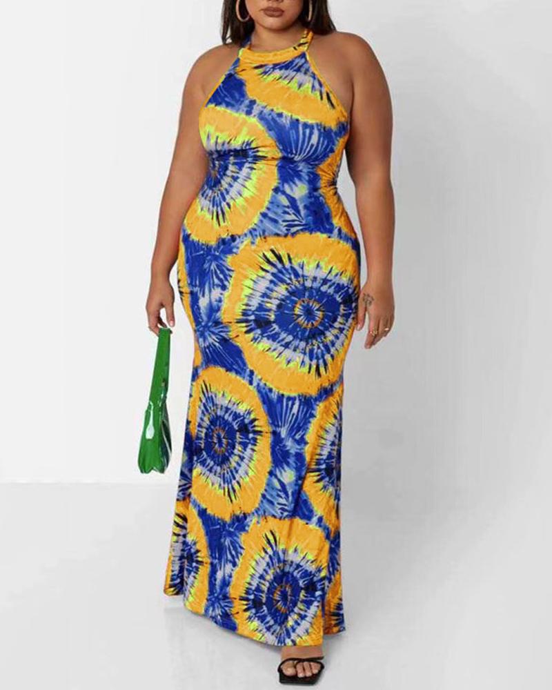 

Plus Size Tie Dye Print Cutout Back Maxi Dress, Blue