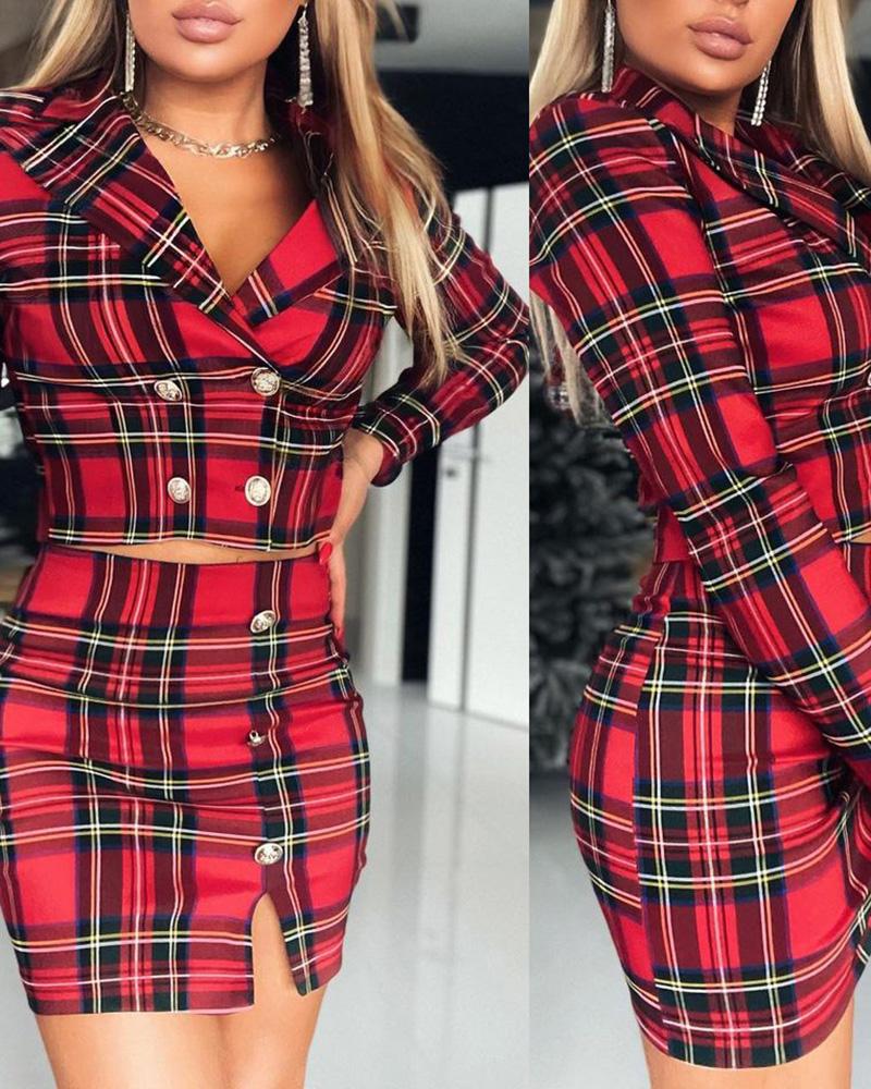 

Plaid Print Buttoned Top & Slit Skirt Set, Red
