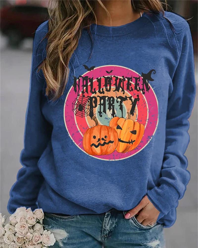 

Halloween Graphic Print Long Sleeve Sweatshirt, Blue