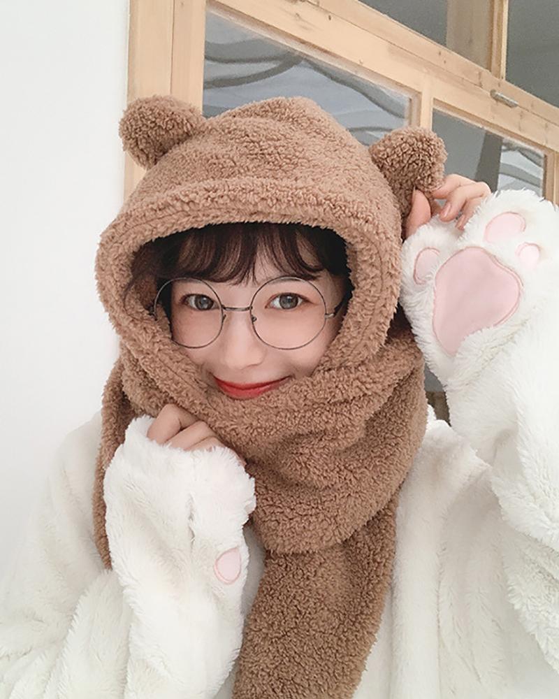 

3D Ear Fluffy Hat With Scarf, Coffee