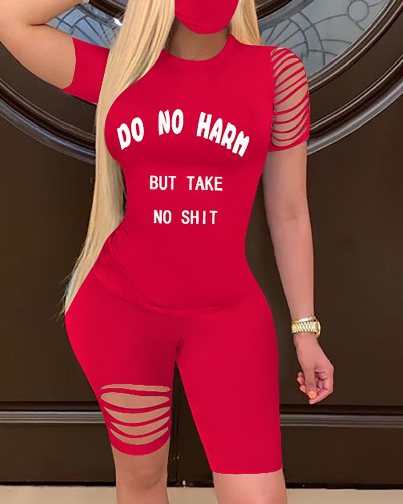 

Letter Print Ladder Cut Out Fitted Biker Romper, Red