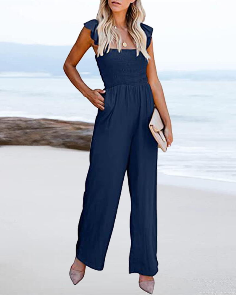 

Flutter Sleeve Pocket Detail Shirred Jumpsuit, Purplish blue