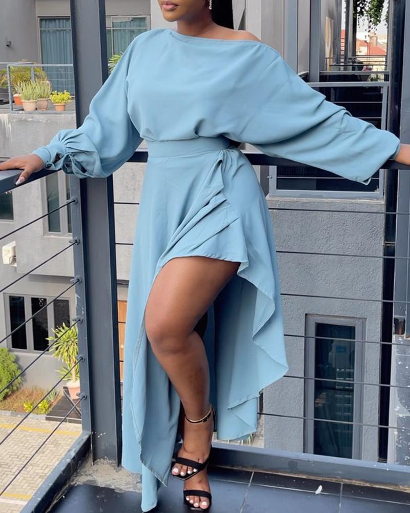 

Cold Shoulder Top & Ruffles High Waist Asymmetrical Maxi Skirt Set, Lighted blue