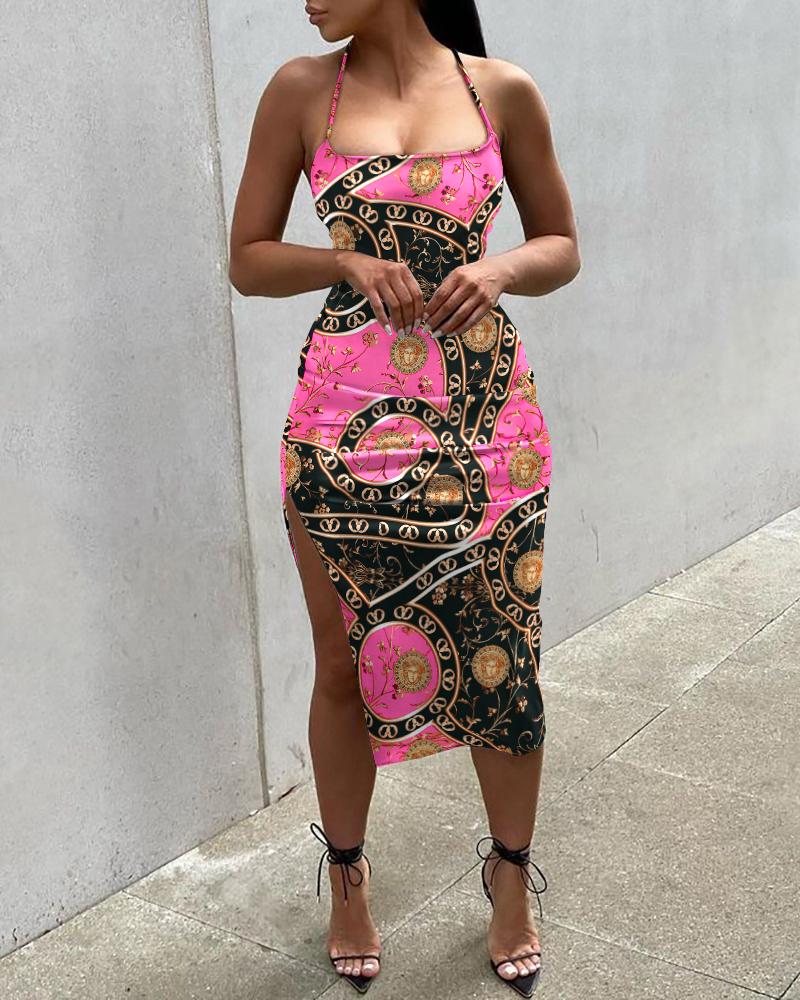 

Baroque Print Cisscross Backless High Slit Party Dress, Hot pink