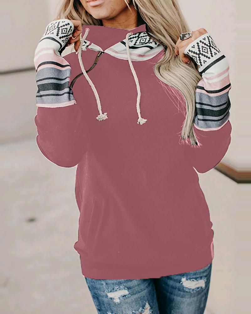

Colorblock Zipper Design Long Sleeve Hoodie, Pink