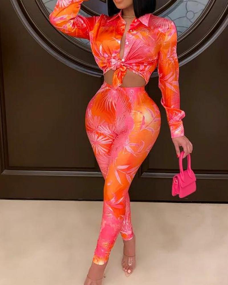 

Printing Long Sleeve Skinny Vlouse With Skinny Pants Suit Sets, Orange