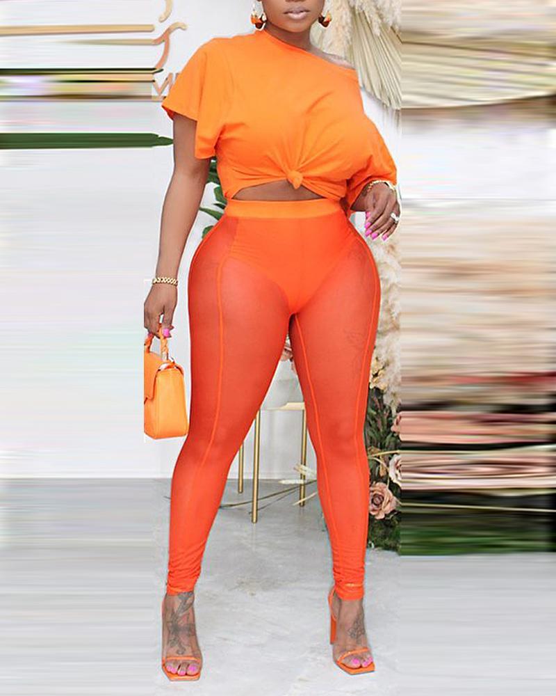 

Casual Crop Top & High Waist Sheer Mesh Pants Set, Orange