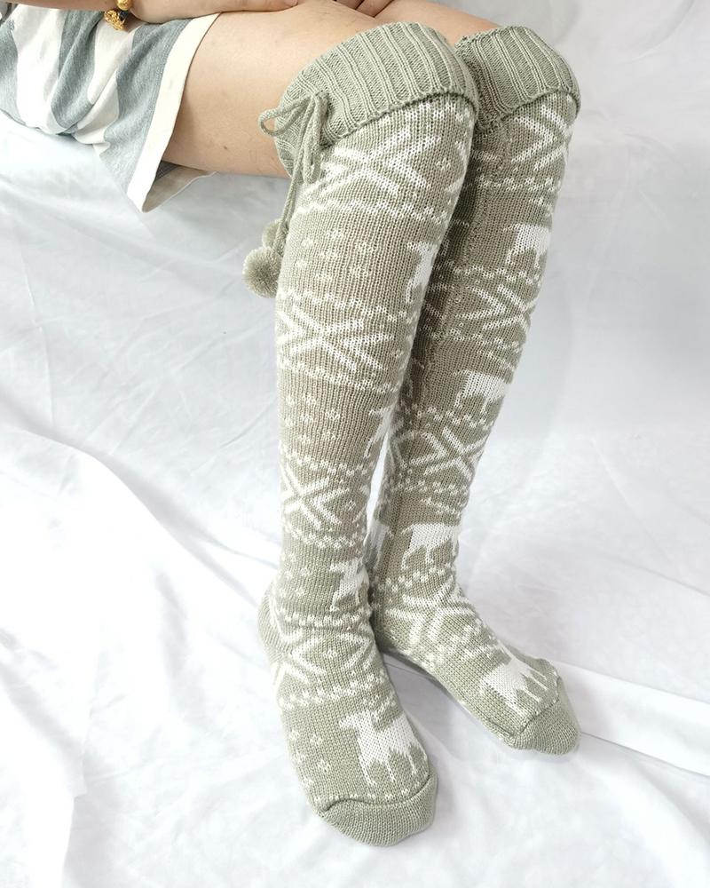 

1Pair Christmas Elk Snowflake Print Pom Pom Socks, Gray