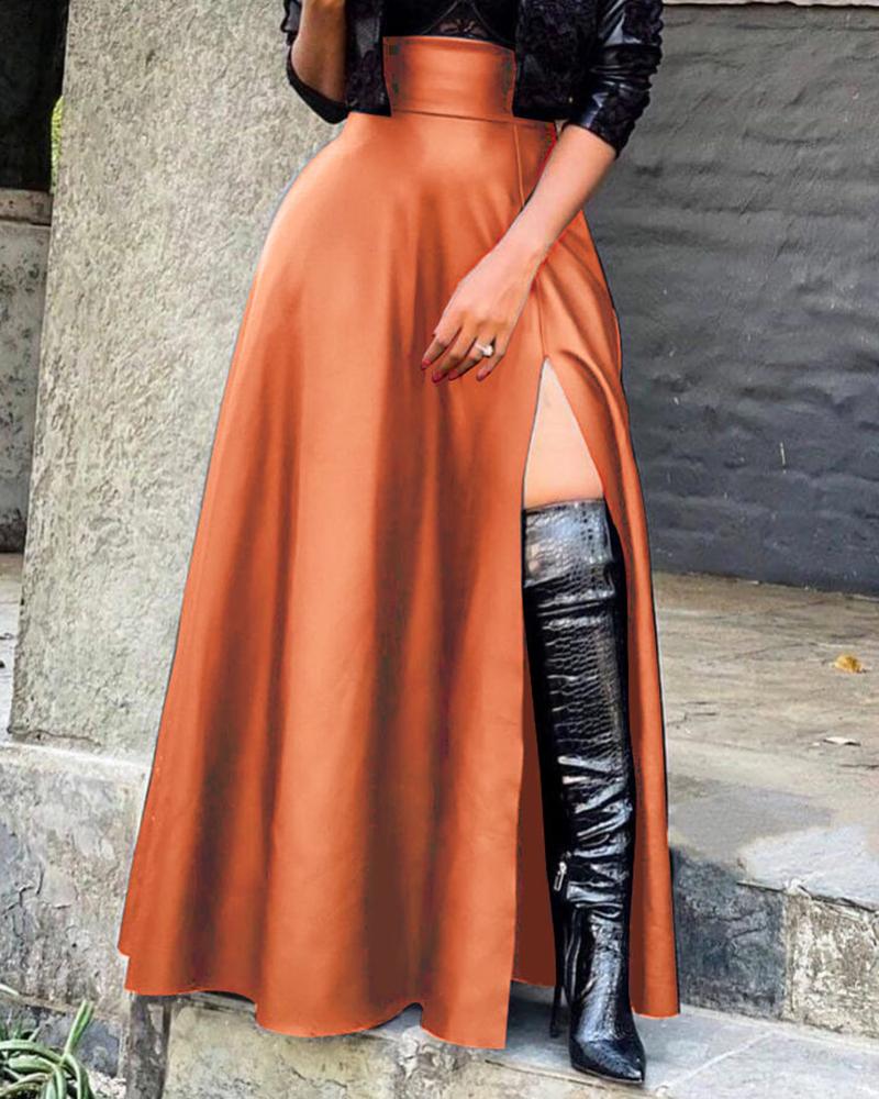 

PU Leather High Slit Pocket Design Skirt, Brown