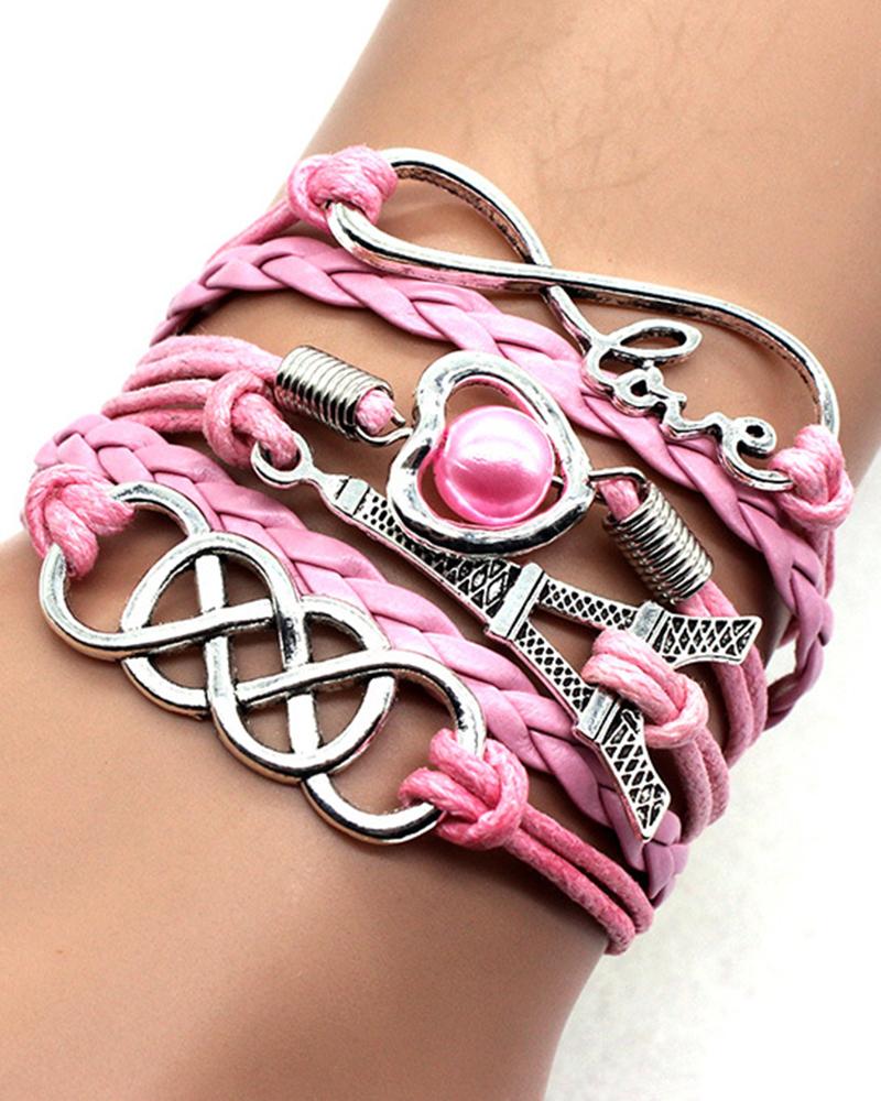 

1pcs Multilayer Hollow Heart Faux Pearl Decor Eiffel Tower Love Letter Design Bohemian Braided Bracelet, Pink