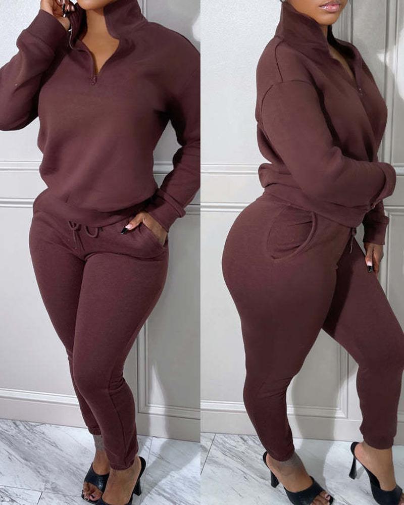 

Long Sleeve Zip Detail Casual Top & Drawstring Pants Set, Coffee