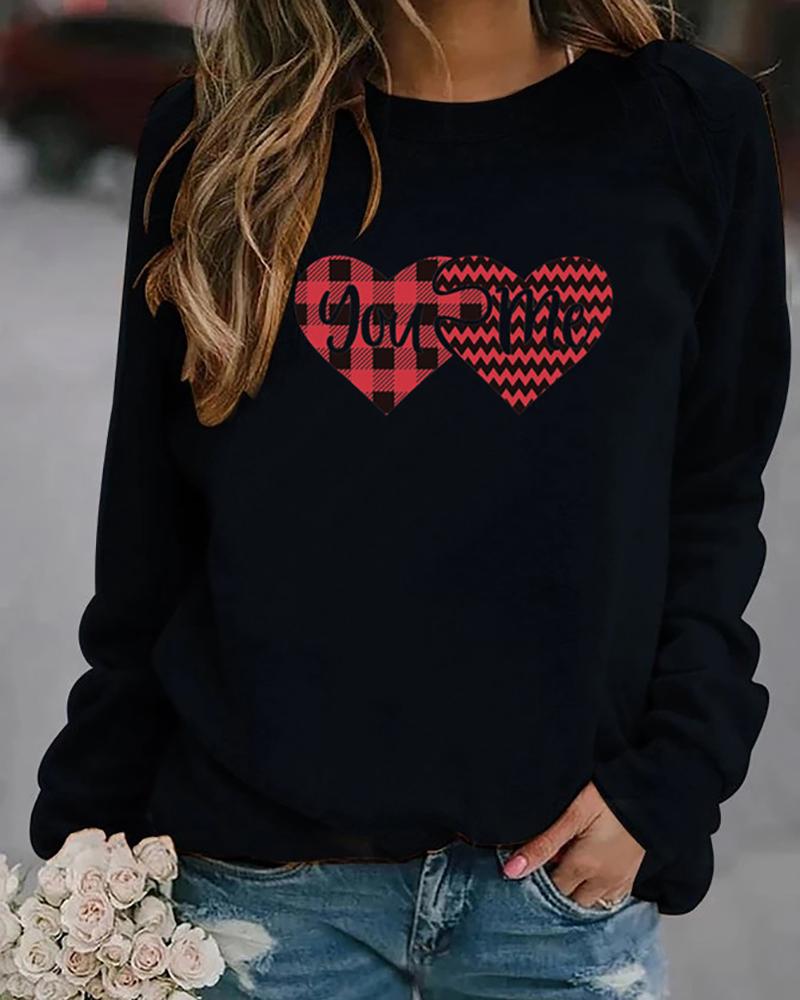 

Valentine' Day Long Sleeve Heart Letter Print Sweatshirt, Black