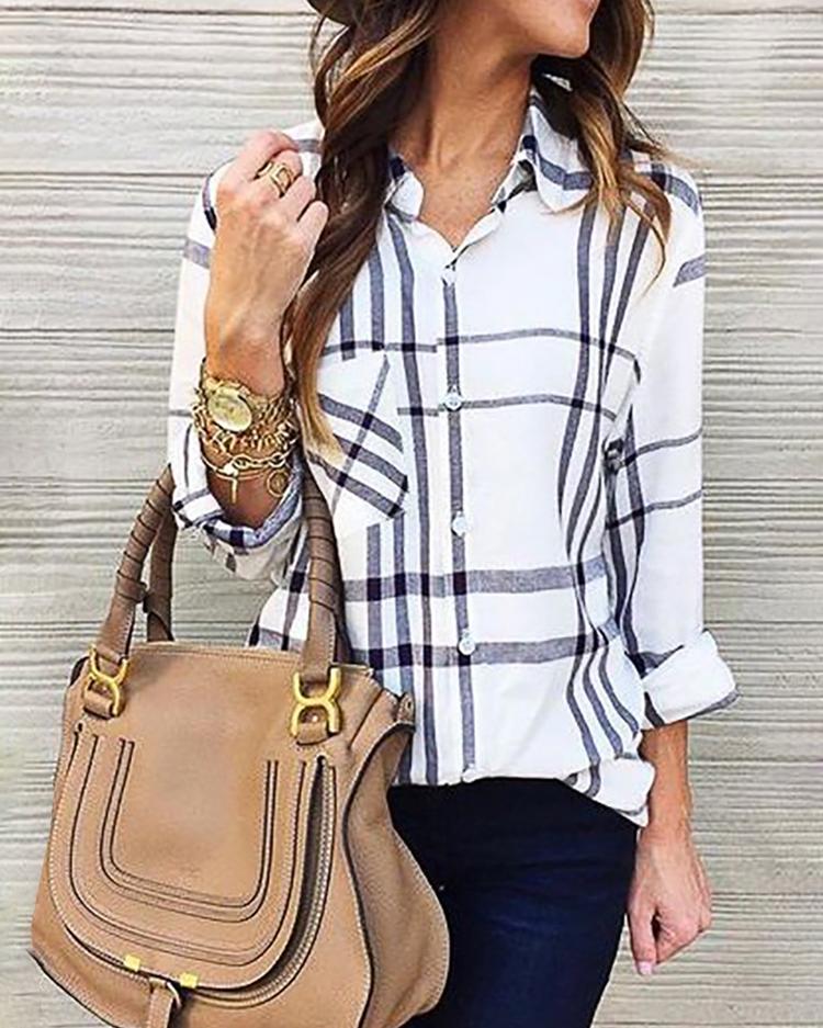 

Plaid Button Design Chest Pocket Casual Shirt, White