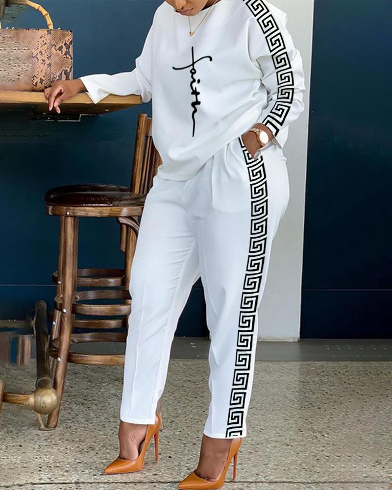 

Plus Size Faith Geometric Print Pocket Design Top & Pants Set, White