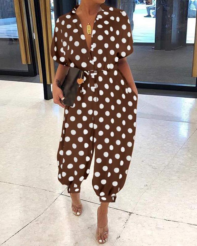 

Plus Size Polka Dot Print Button Front Jumpsuit, Coffee