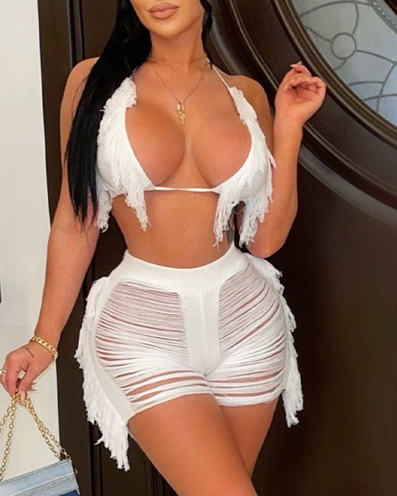

Fringe Trim Halter Crop Top & Ripped Cover Up Shorts Set, White