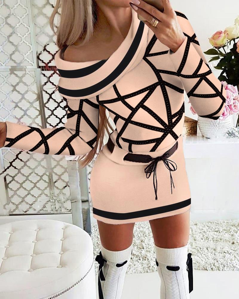 

Geometric Print Belted Long Sleeve Dress, Apricot