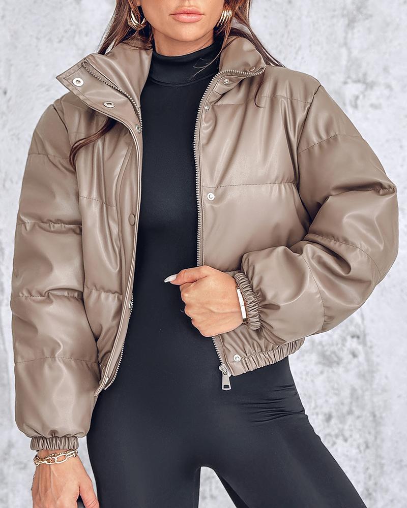 

PU Leather Stand Collar Snap Button Zip Up Quilted Puffer Coat, Coffee