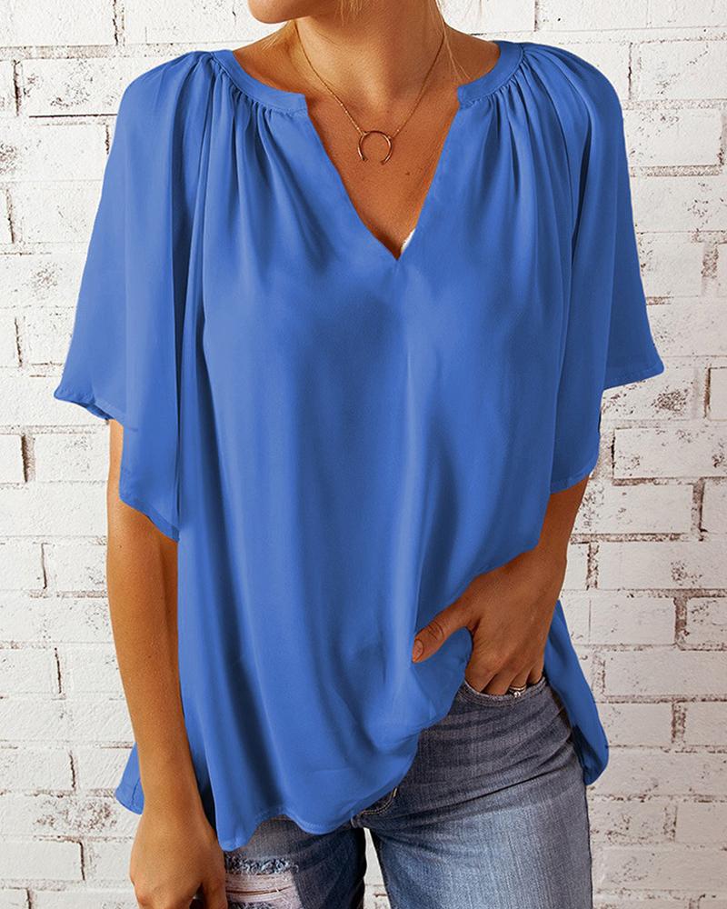 

Batwing Sleeve V-Neck Chiffon Top, Blue