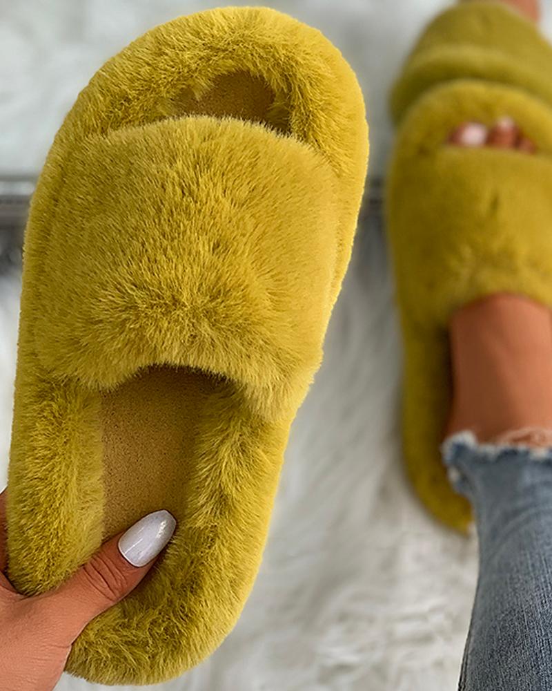 

Plain Peep Toe Fluffy Slippers, Yellow