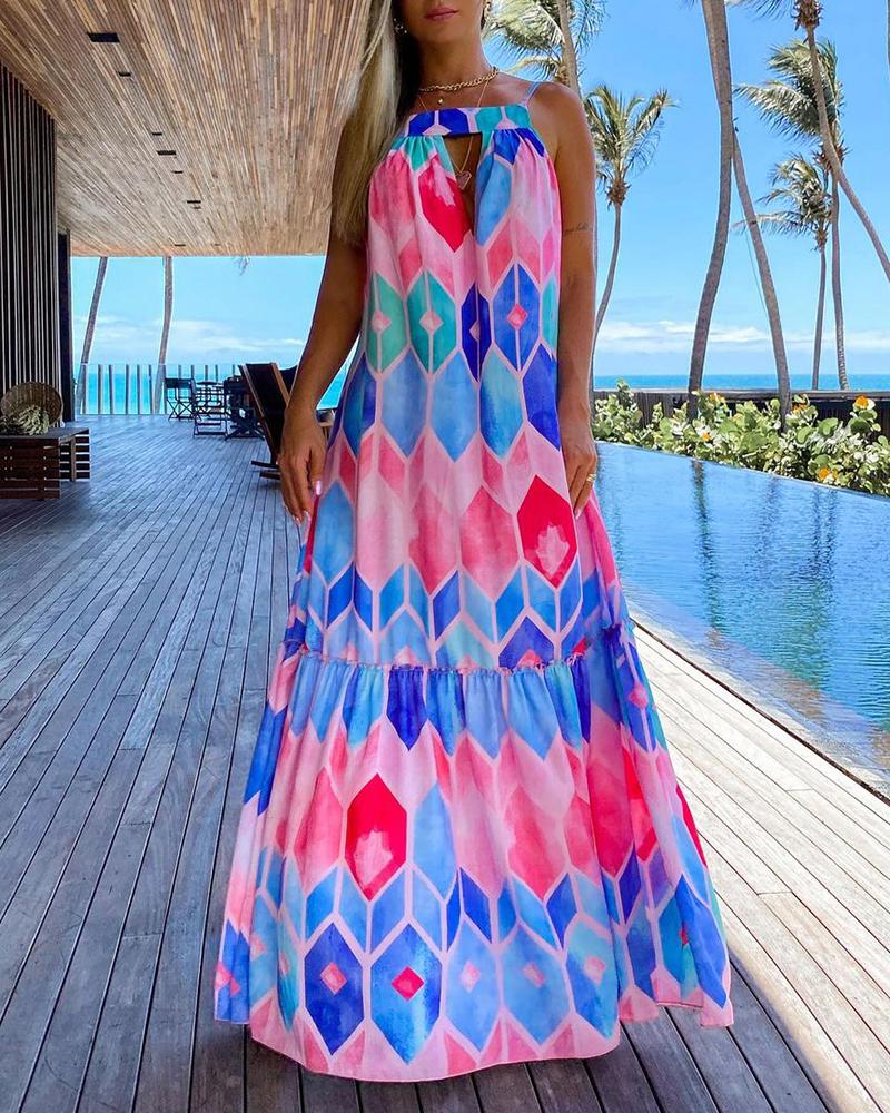 

Geometric Tie Dye Print Cutout Backless Maxi Dress, Multicolor