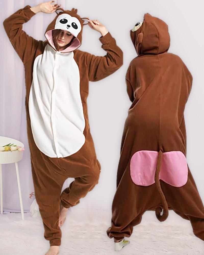

Zipper Design Cartoon Functional Buttoned Flap Adults Pajamas, Coffee