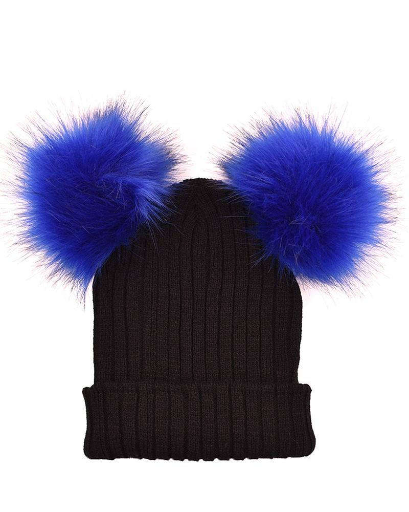 

Double Pom Pom Decor Knit Cuffed Beanie For Adult, Blue