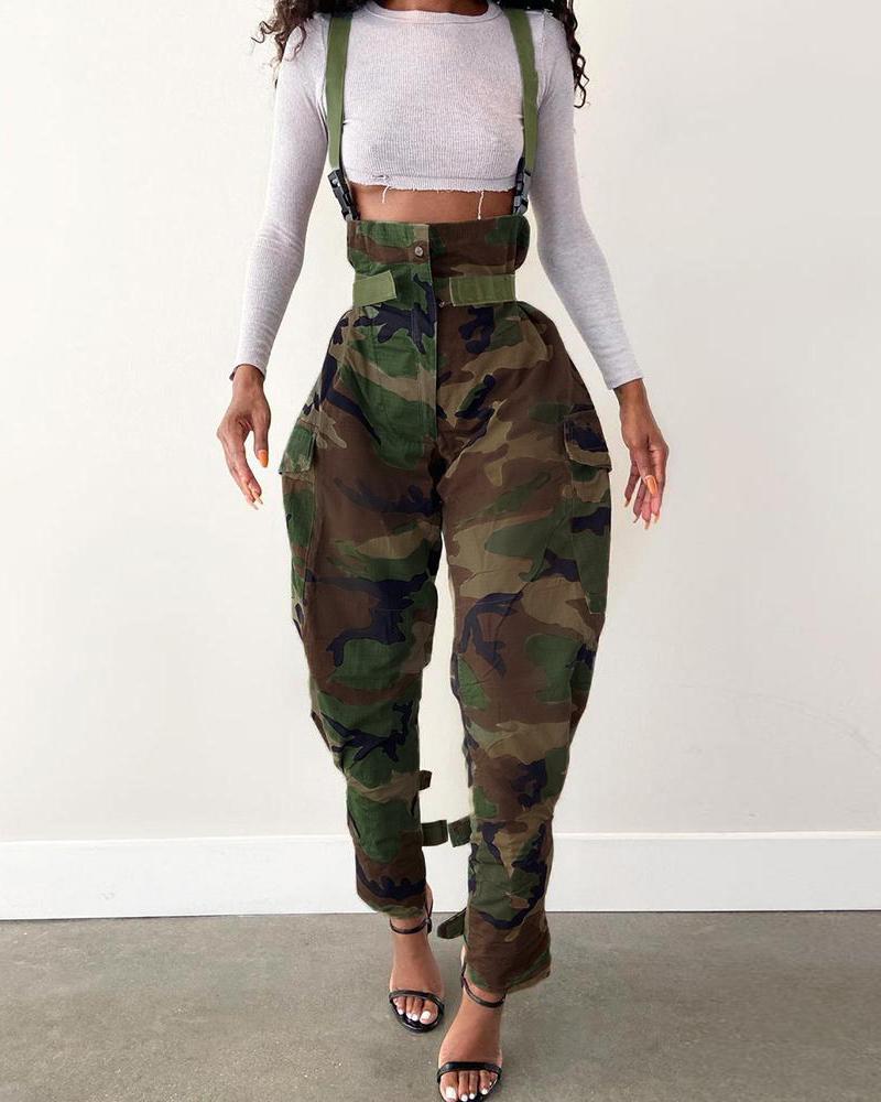 

Camouflage Print High Waist Suspender Jumpsuit, Green