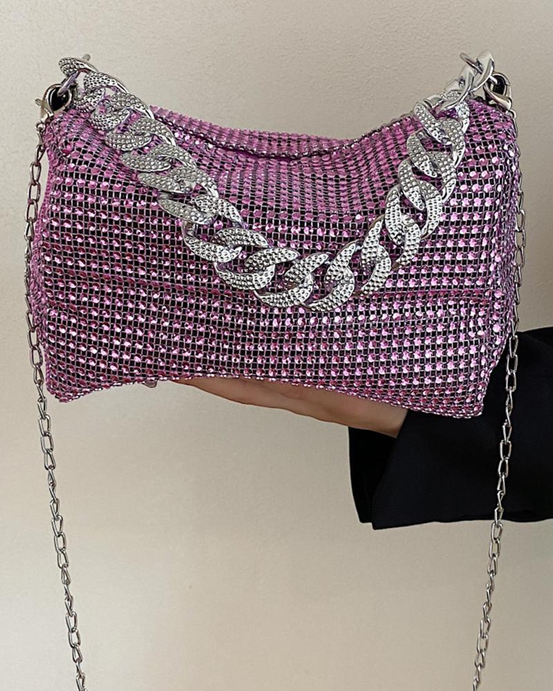 

Allover Rhinestone Chain Strap Fashionable Bag, Pink