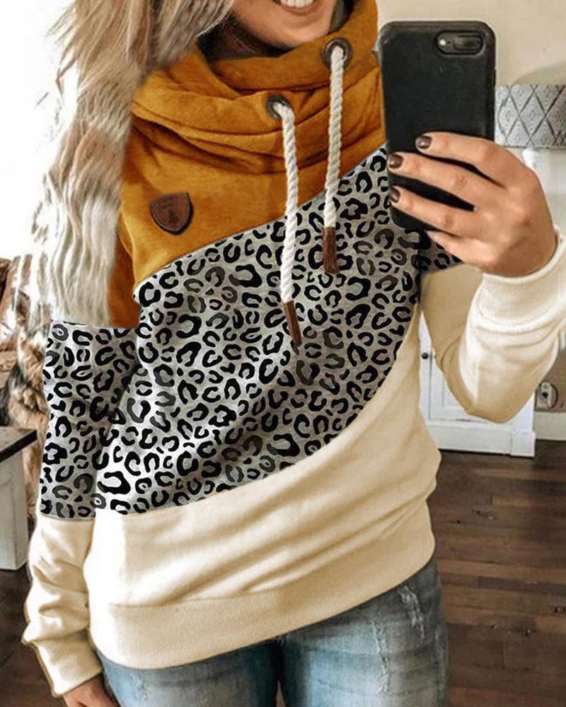 

Leopard Print Colorblock Lantern Sleeve Hooded Top, Yellow