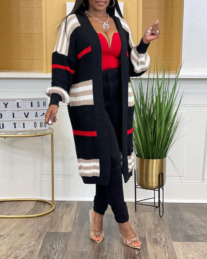 

Striped Open Front Longline Cardigan, Black