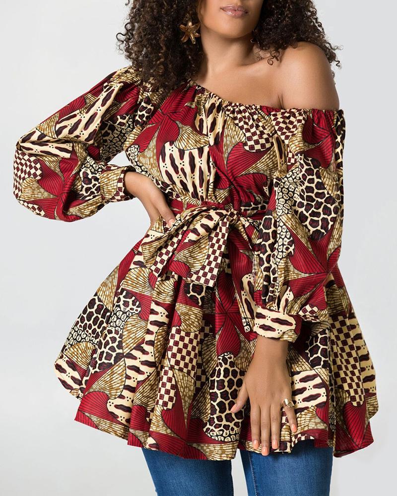 

Print One Shoulder Lantern Sleeve Mini Dress, Multicolor
