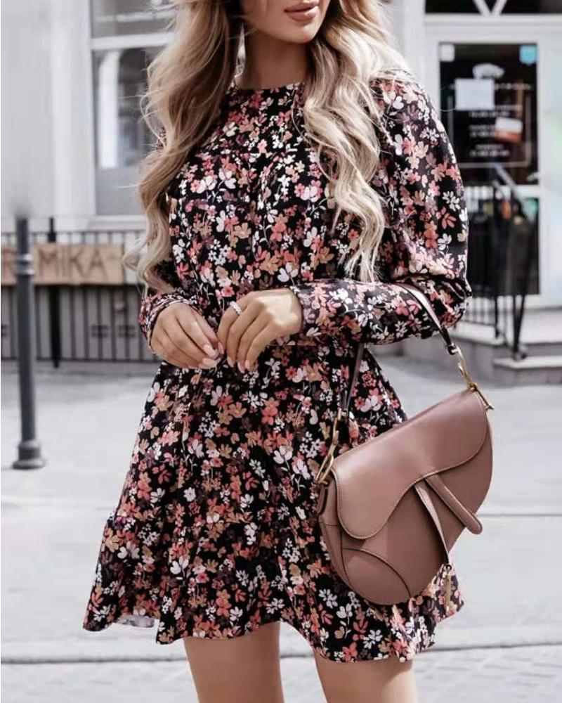 

O Neck Puff Sleeve Tied Detail Print Dress, Coffee