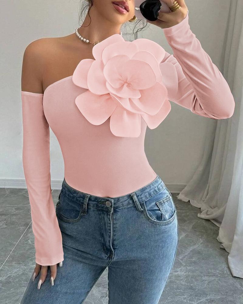 

Floral Design Skew Neck Slim Fit Long Sleeve Tee Casual Causal Top, Pink