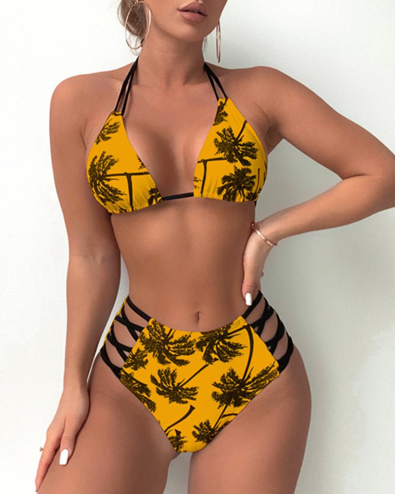 

Tropical Print Halter Lace-up Bikini Set, Yellow
