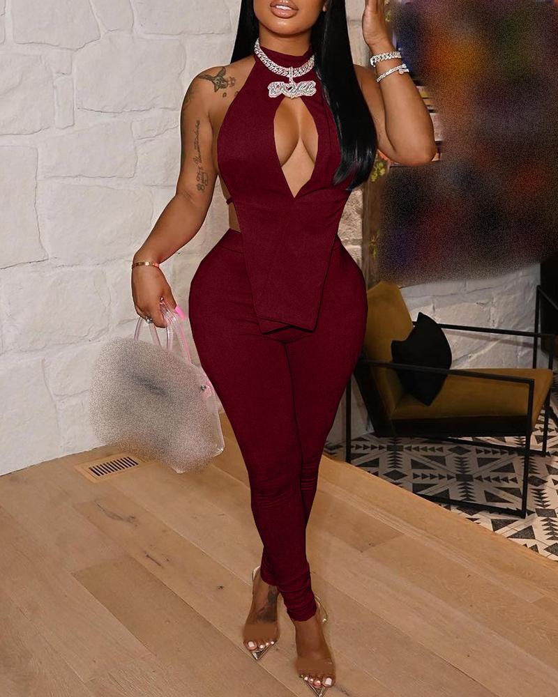 

Tied Detail Asymmetrical Cutout Top & Pants Set, Wine red