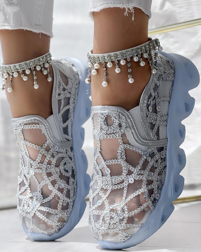 

Contrast Sequin Sheer Mesh Patch Breathable Sneakers, Silver