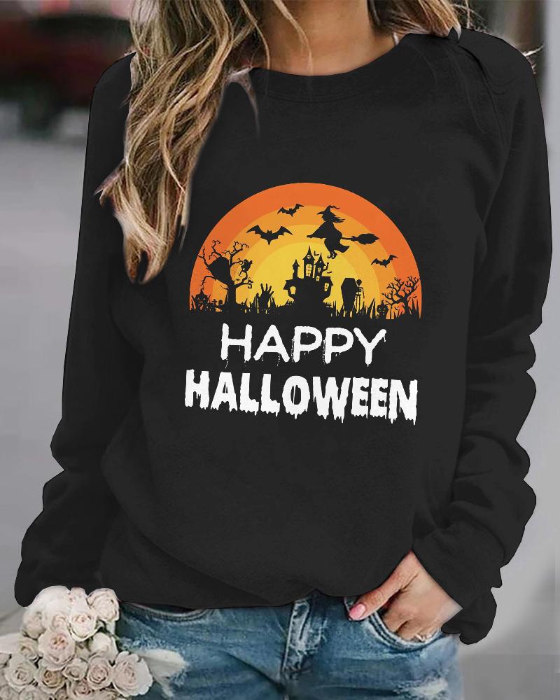 

Happy Halloween Haunted House Silhouette Graphic Print Sweatshirt, Black