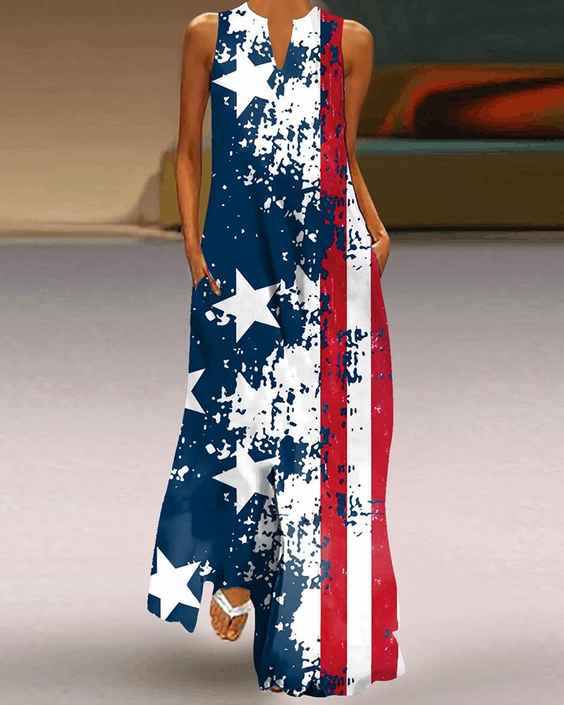 

Independence Day Flag Ink Splash Print Sleeveless Maxi Dress, Blue