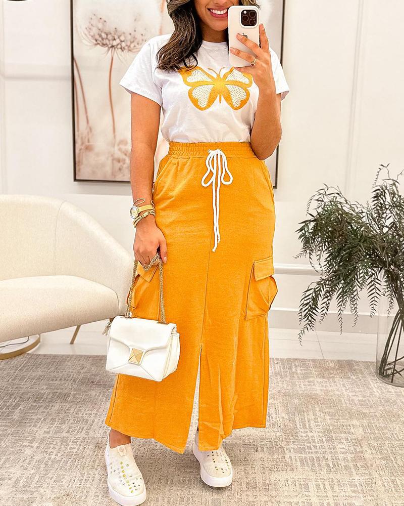 

Butterfly Pattern Top & Drawstring Slit Skirt Set, Yellow