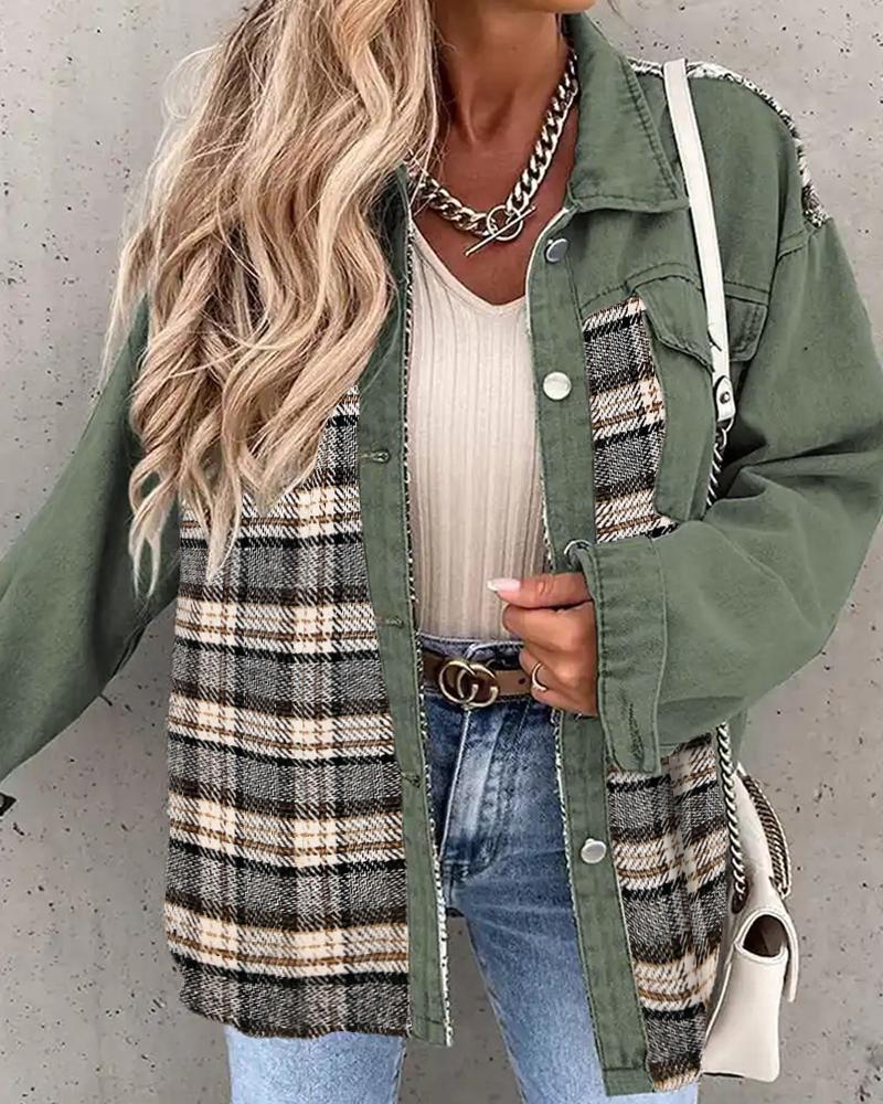 

Plaid Print Patchwork Pocket Design Shirt, Army green
