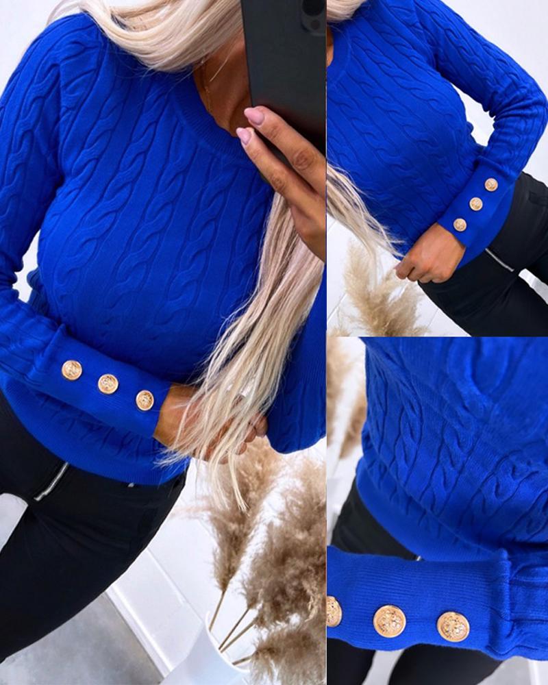 

O-neck Long Sleeve Buttoned Braided Knit Sweater, Blue