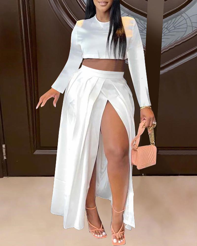 

Long Sleeve O Neck Top & Pleated High Slit Skirt Set, White