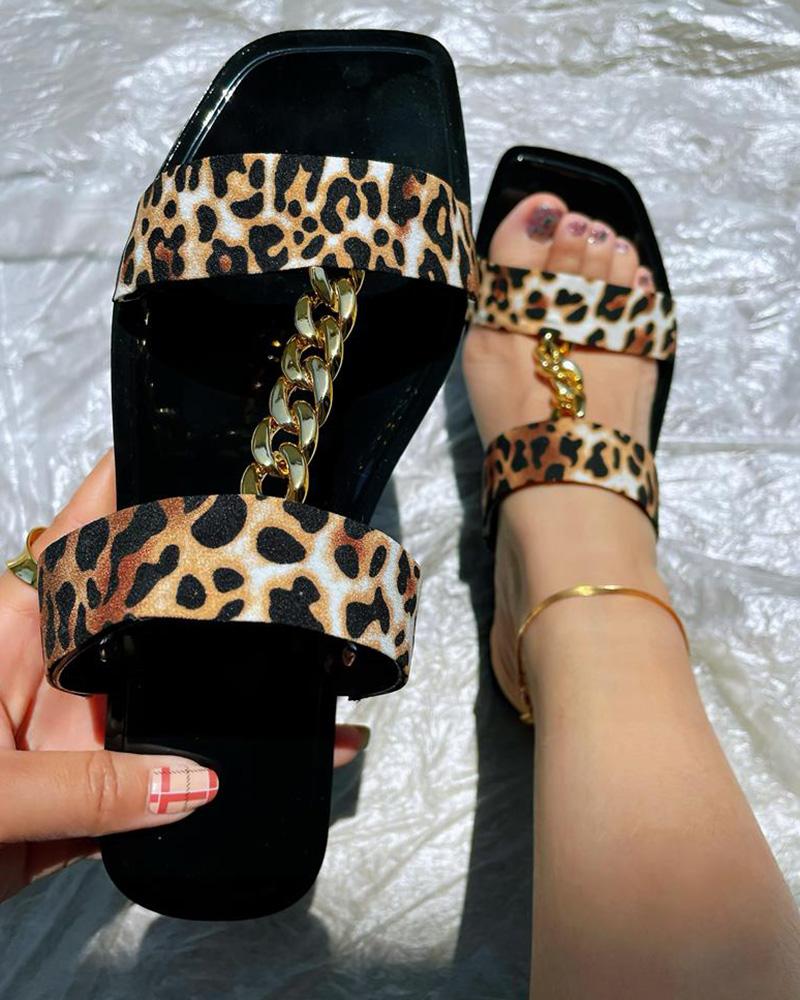 

Cheetah Pattern Chain Decor Square Toe Slippers, Leopard