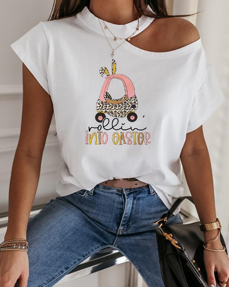 

Rolling Into Easter Bunny Print Cold Shoulder T-shirt, White
