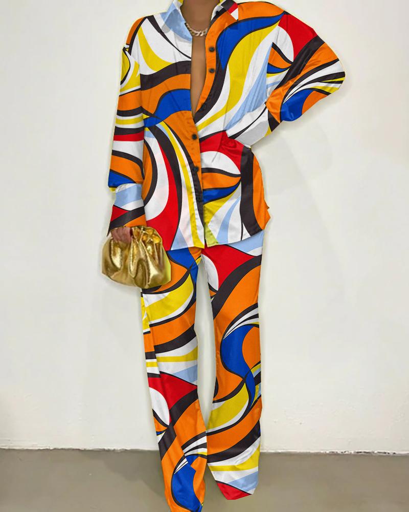 

Abstract Print Long Sleeve Button Down Shirt & Pants Set, Multicolor