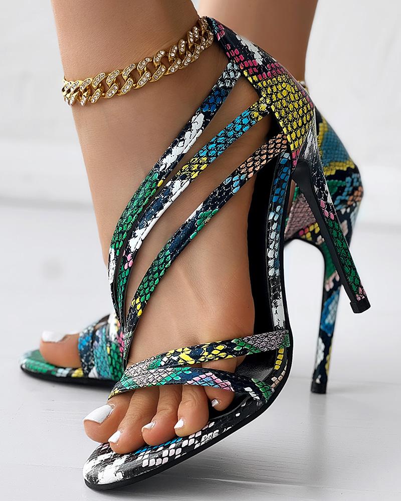 

Snakeskin Multi Straps Stiletto Heeled Sandals, Multicolor